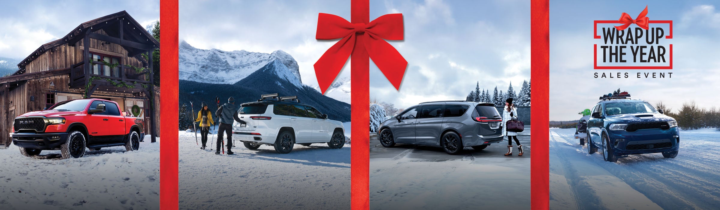 Holiday Sales Event banner featuring Chrysler, Dodge, Jeep and Ram models on display on a decorative winter holiday background